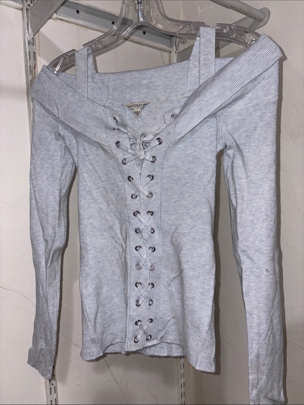 Guess Light Blue Off-Shoulder Lace-Up Ribbed Long Sleeve Top